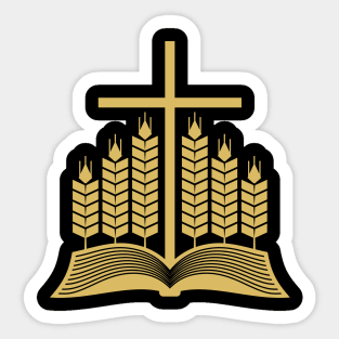 Open bible, ripe ears of corn and the cross of Jesus. Sticker